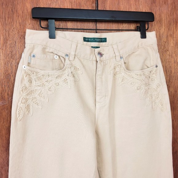 Vintage 90s/Y2K Ralph Lauren Light Tan Lace Trim Jeans - Picture 5 of 13